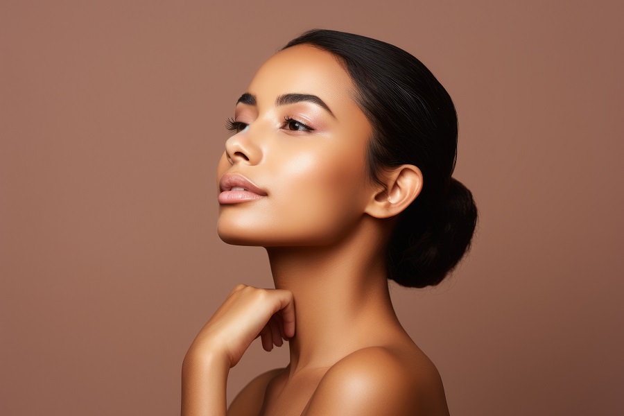 Beautiful sensual sexy young Latin ethnic woman model posing profile side face touching chin on brown background Kybella Green Bay